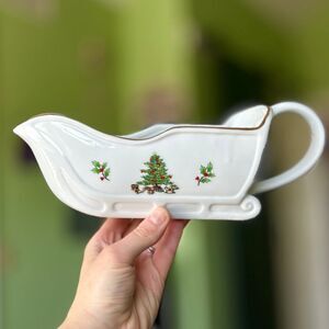 VTG Porcelain Christmas Festive Sleigh Gravy Sauce Boat Serveware